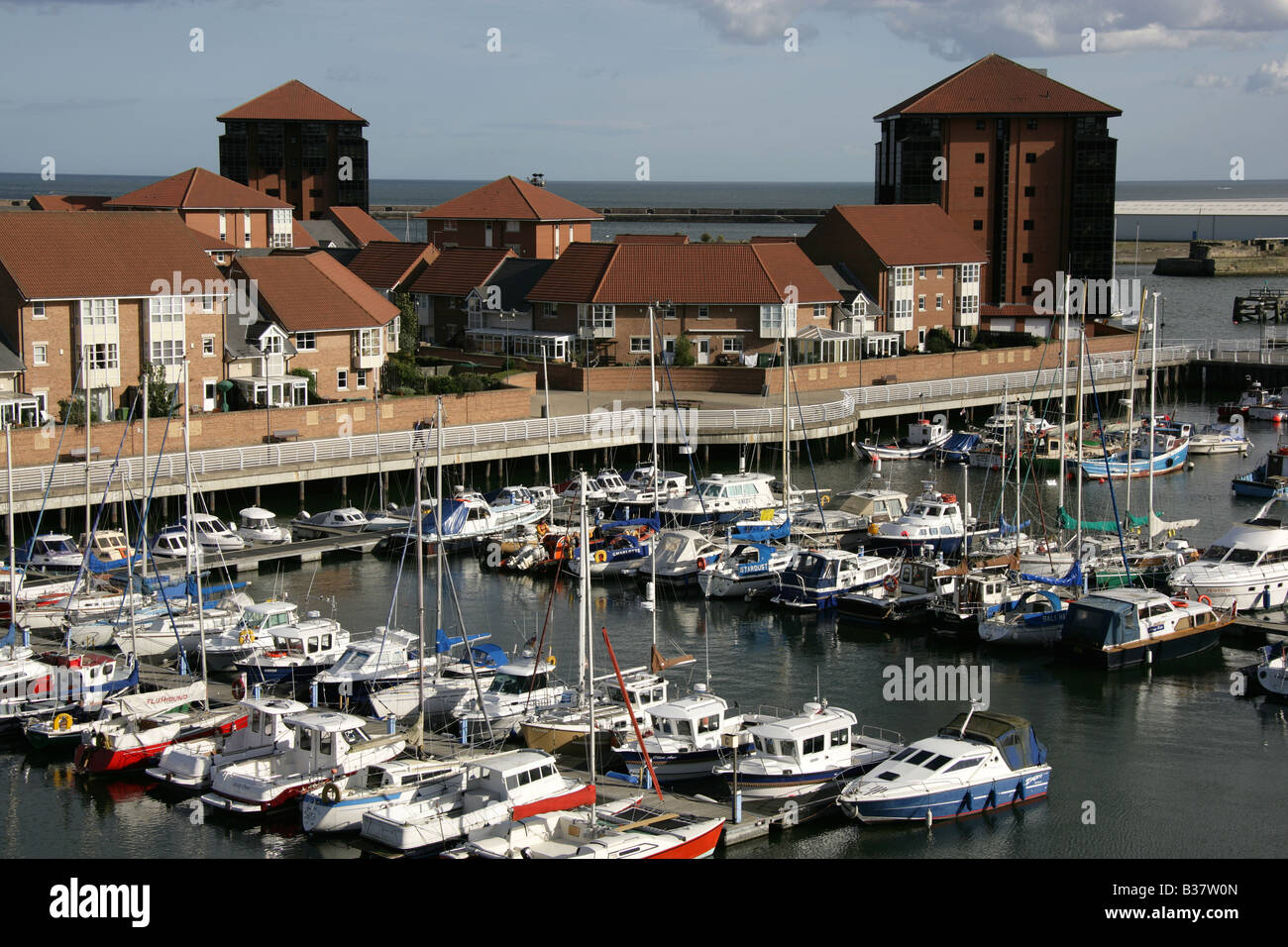 City of Sunderland, England. Sail and power boats berthed at Sunderland Marina complex’s North Dock, on the River Wear. Stock Photo