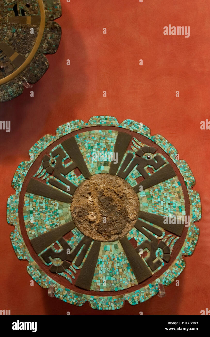 Mosaic turquoise Mayan disc with Xiuhcoatl Serpents in the National Museum of Anthropology in Mexico City. Stock Photo