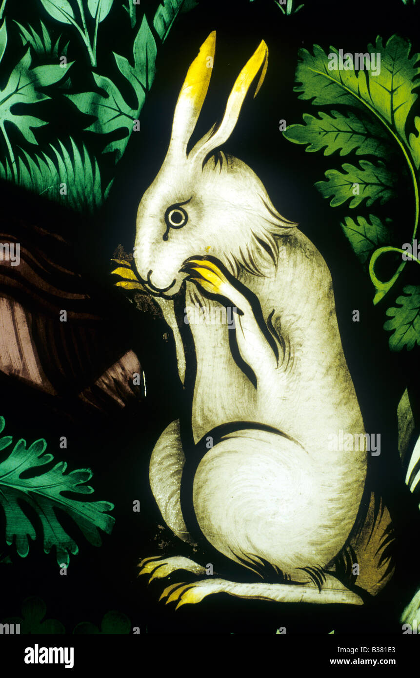 Rabbit Ely Cathedral stained glass museum detail from Temptation of Eve Pugin 1858 Cambridgeshire England UK animal Stock Photo