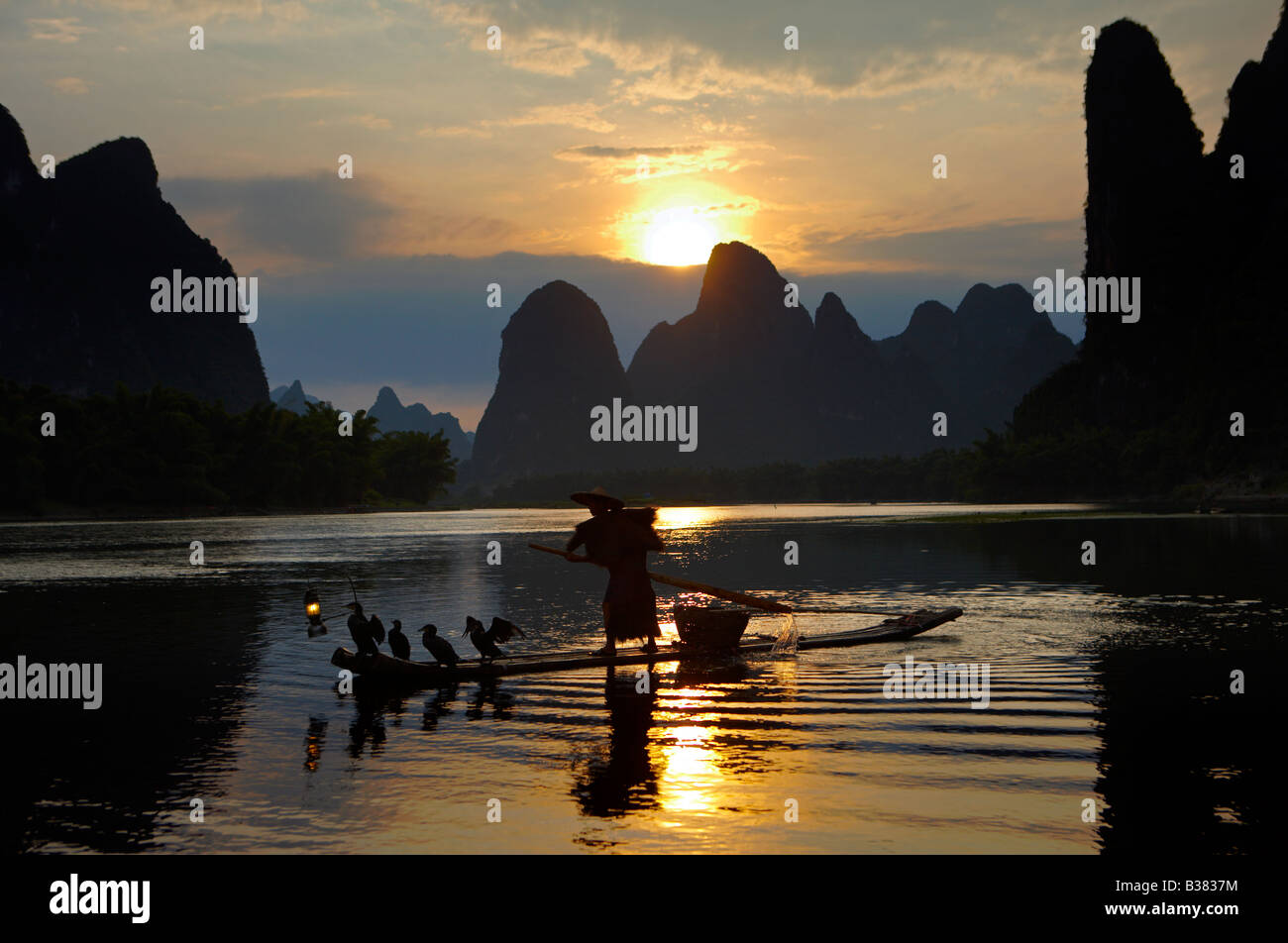 Cormorant Fisherman in the Lijang Li River Xingping Guilin province China. model release 701 Stock Photo