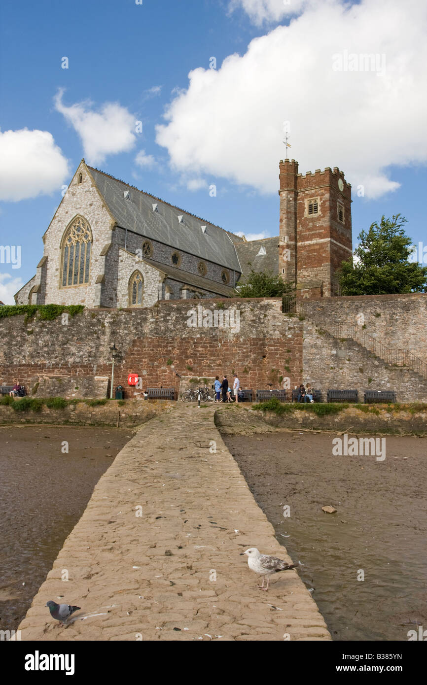 Birds on the Hard at Topsham with the Church and Town Walls and Visitors in the background Stock Photo