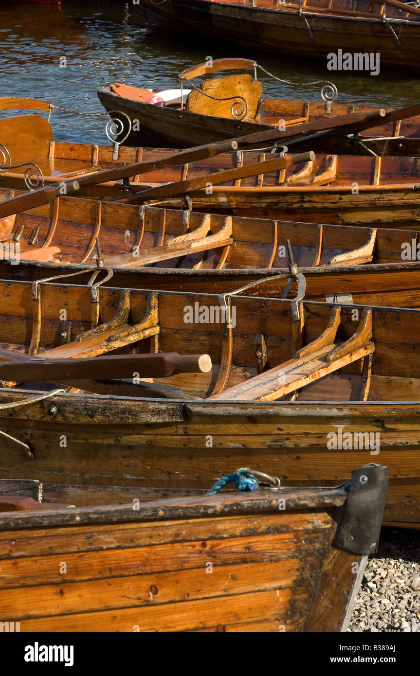 Rowing boats for hire at BownessonWindermere in summer Cumbria England UK United Kingdom GB