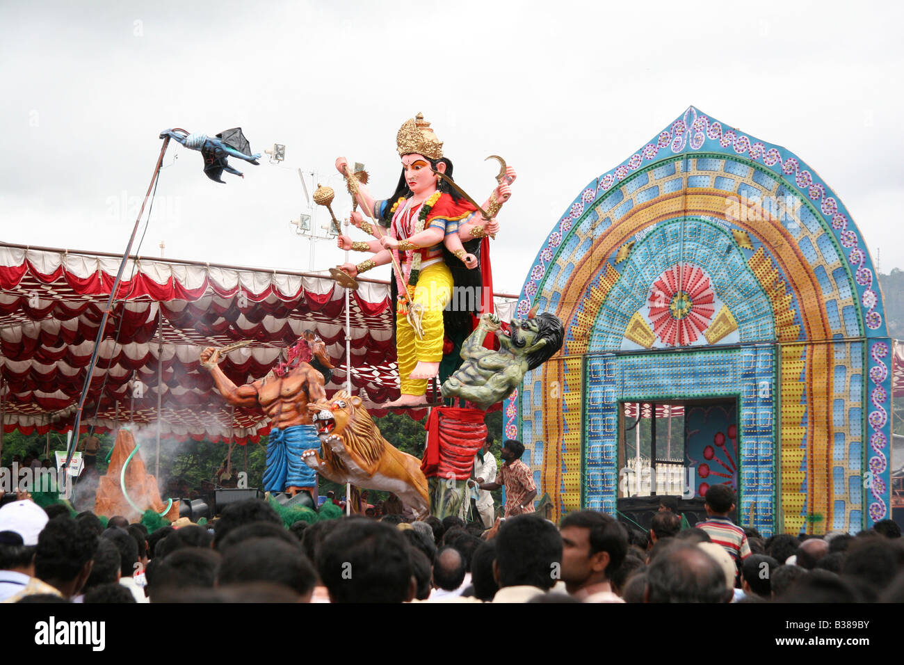 Dasara celebrations in Mysore show the victory of the Hindu godess Chamundeswari over the buffalo headed demon Mahishasura. Stock Photo