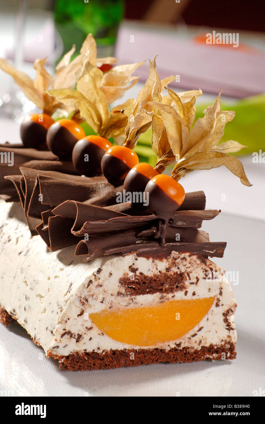 Cream Cake Topped with Chocolate and Physalis Stock Photo