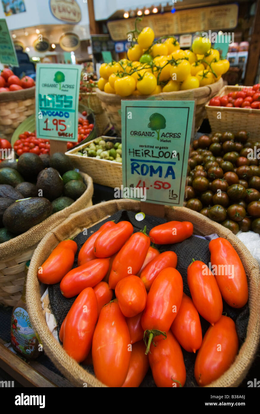 'Organic tomatoes for sale in Granville Island Public Market Vancouver British Columbia Canada' Stock Photo