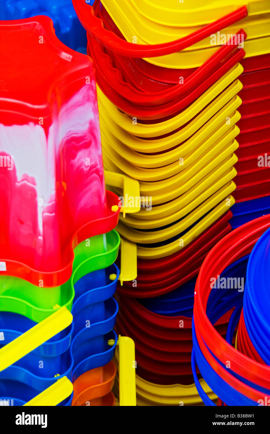Stacks of colorful buckets Stock Photo