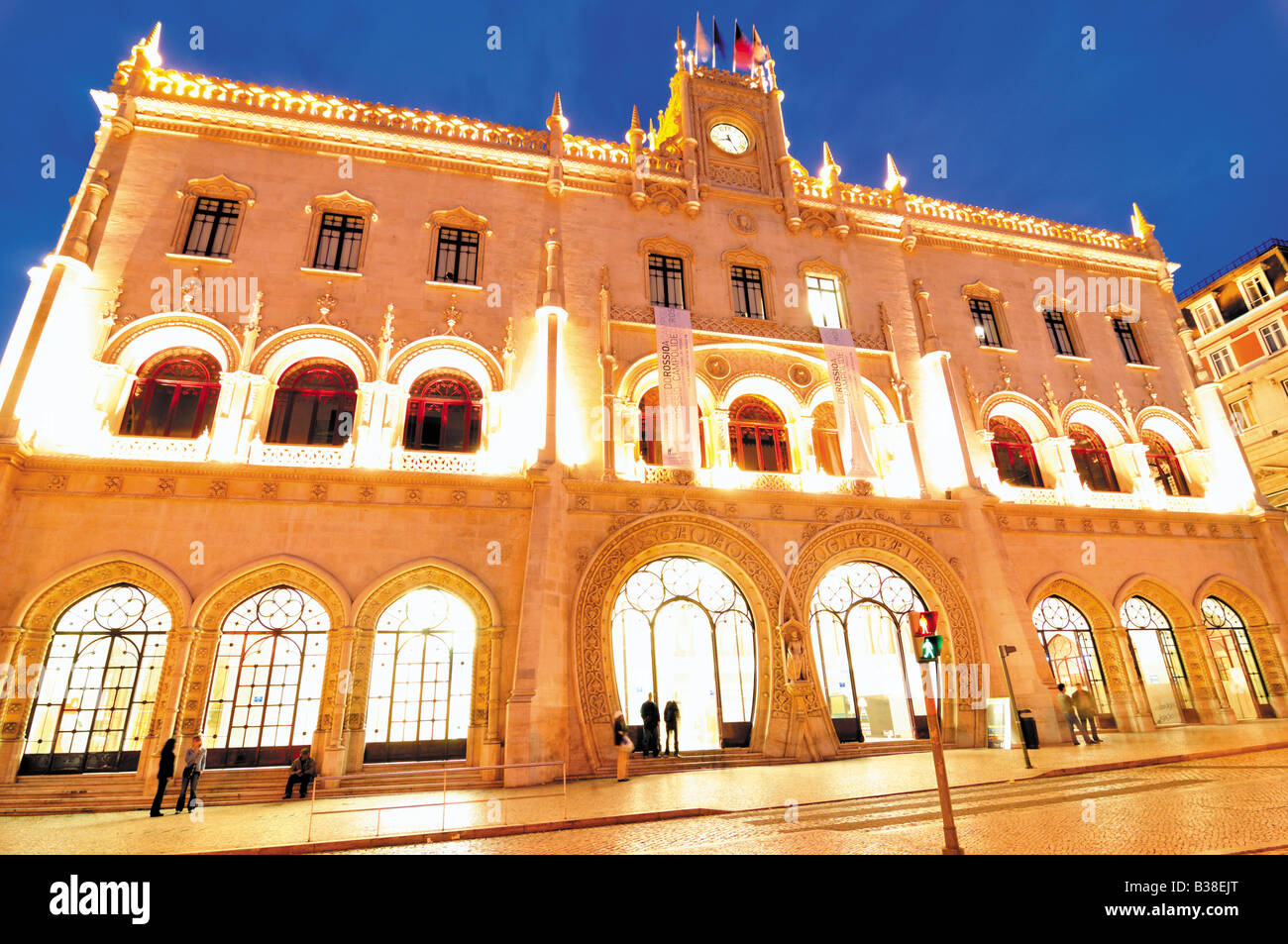Lisbons historic Train Station Rossio by night Stock Photo
