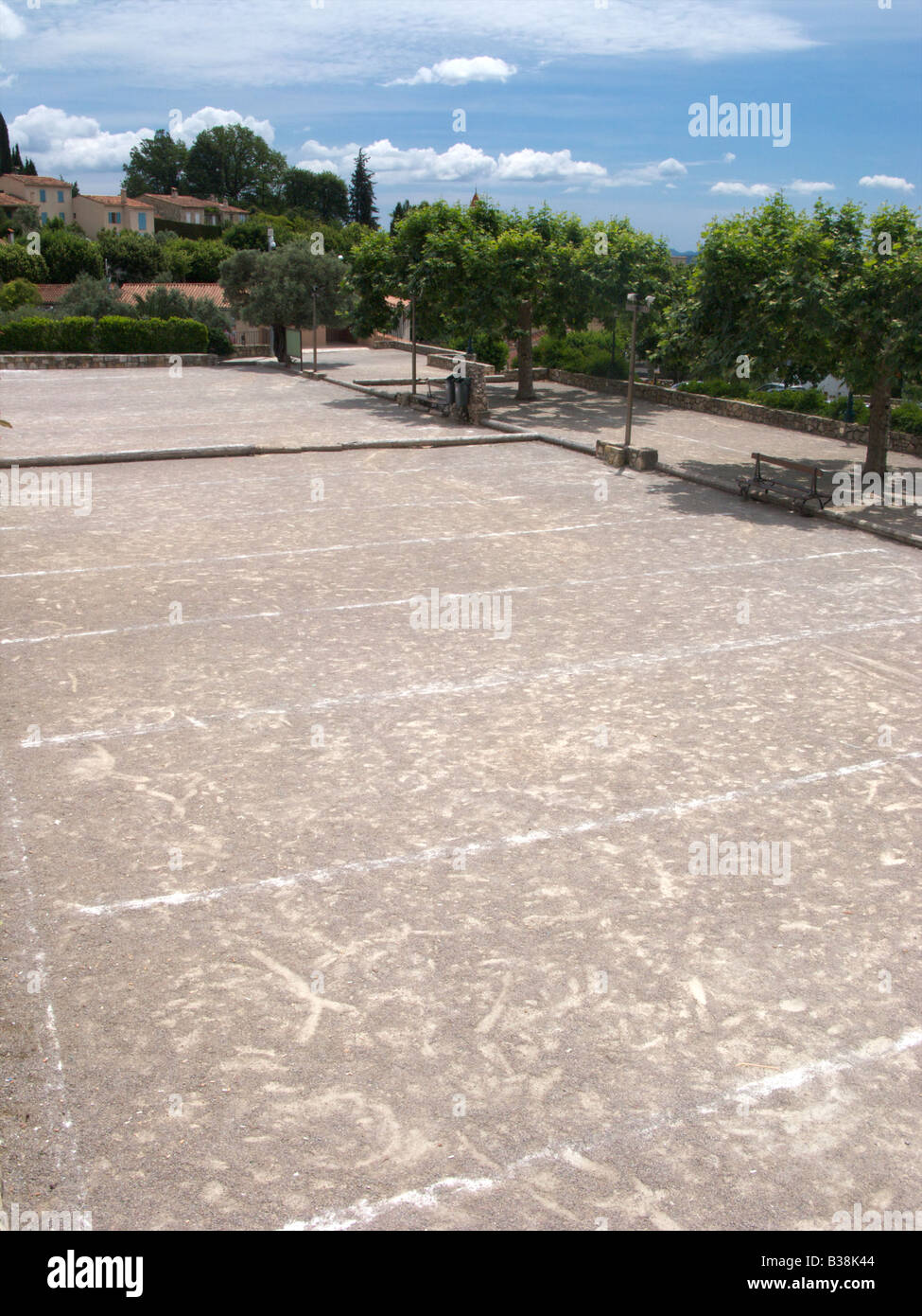 Typical terrain de boule / boules court in the village of Fayence, Provence, Var, France Stock Photo