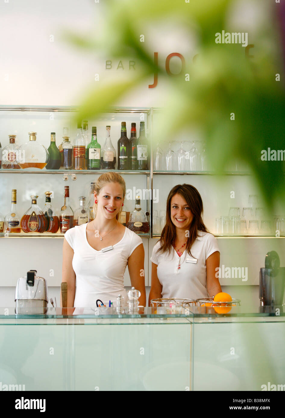 Aug 2008 - Bartenders at the bar of the modern Josef Hotel Josefov Prague Czech Republic Stock Photo