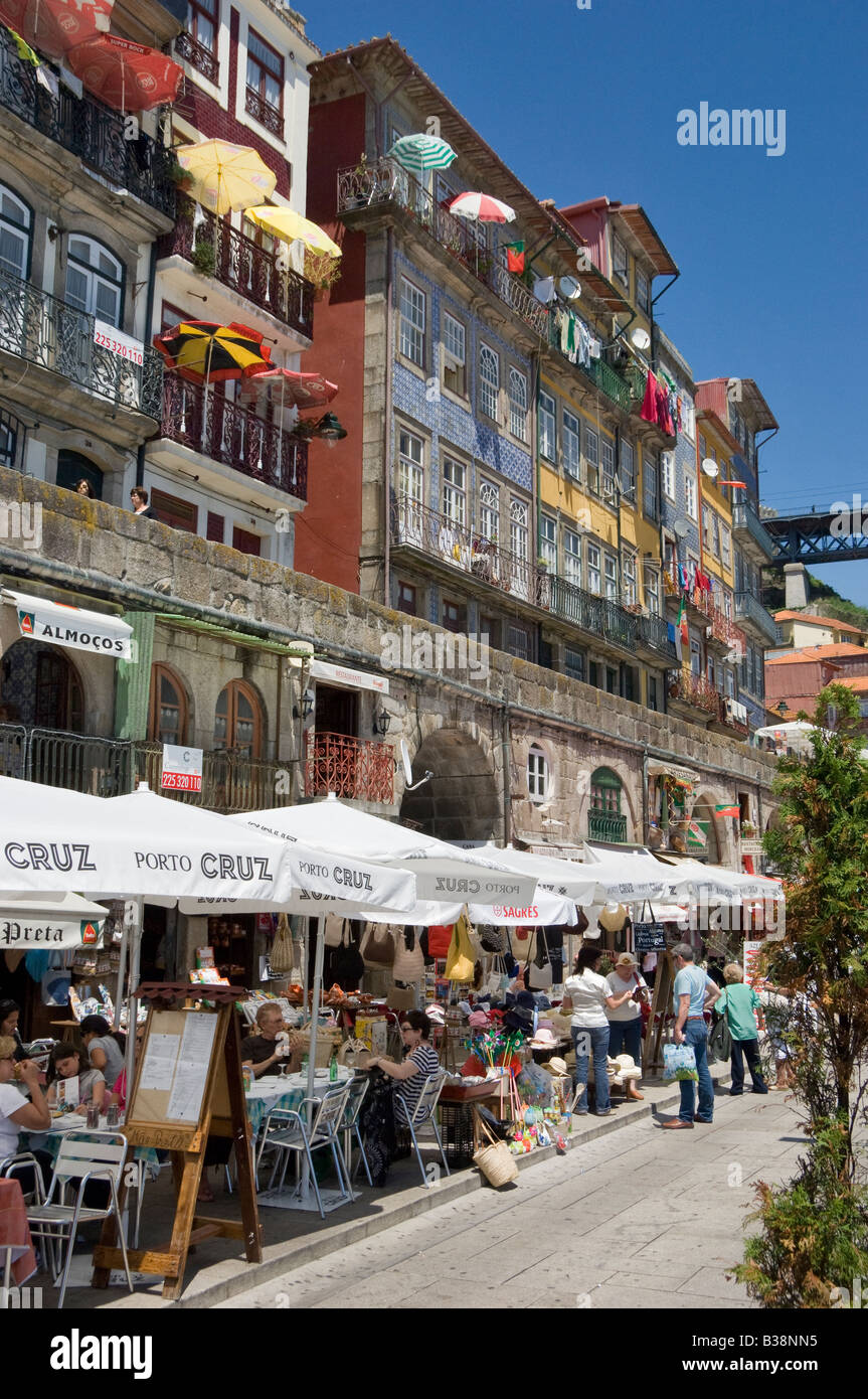 Portugal the Costa Verde, Oporto, street restaurants at lunchtime in the Ribeira district Stock Photo
