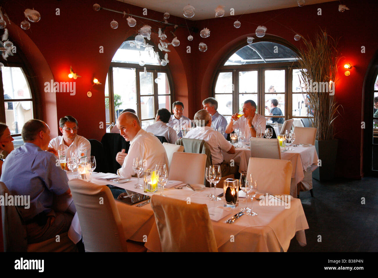 Aug 2008 - People sitting at he upmarket Kampa Park Restaurant Mala Strana Prague Czech Republic Stock Photo