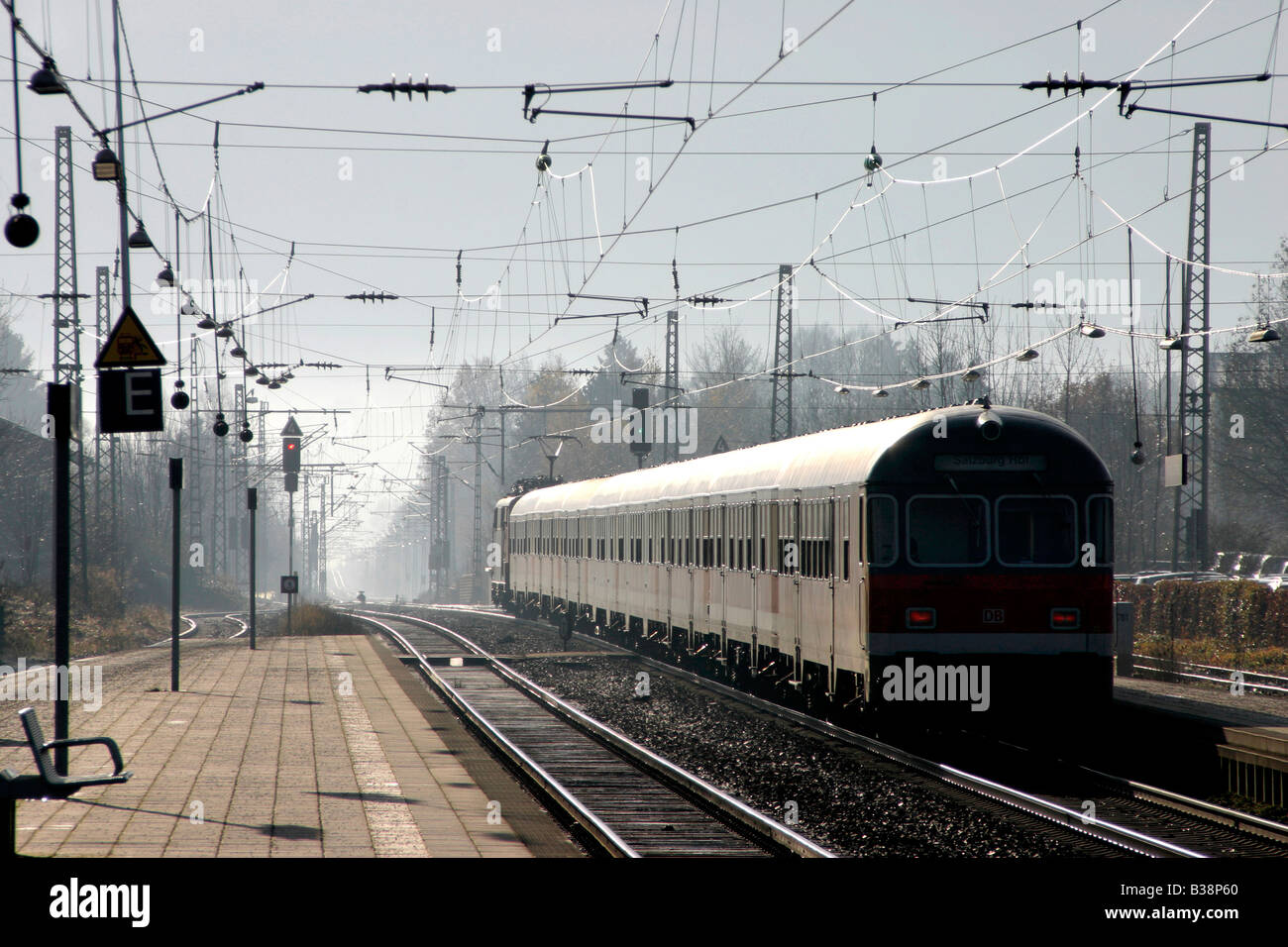 Train Leaving Railway Station, Prien, Upper Bavaria, Germany Stock Photo