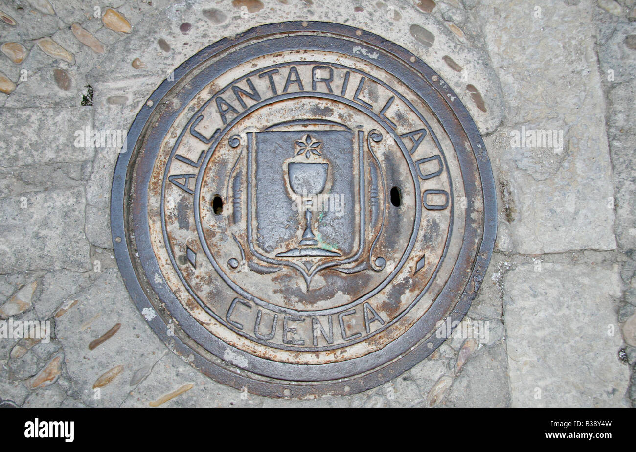 Cuenca,Spain manhole cover. 'Alcantarillado' means 'sewage system.' Stock Photo