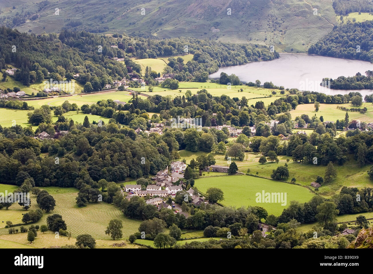 Grasmere village in the Lake District national park seen from the summit of Helm Crag The