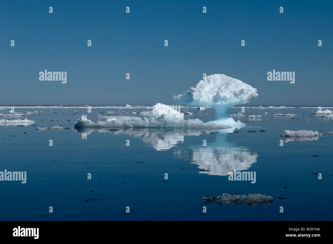 An Iceberg on Philpots Island in the Canadian Arctic melting in the sunlight it resembles a mushroom. Stock Photo