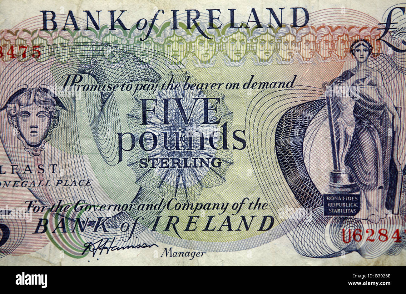 Bank of Ireland Irish Sterling and United Kingdom five pound Bank notes Stock Photo