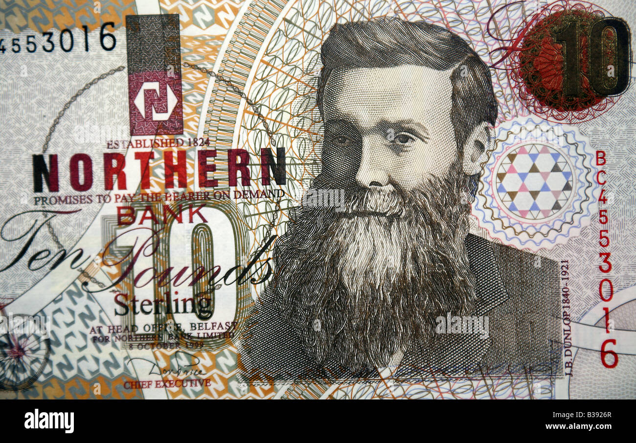 Northern Irish Sterling and United Kingdom 10 pound Bank Note Stock Photo
