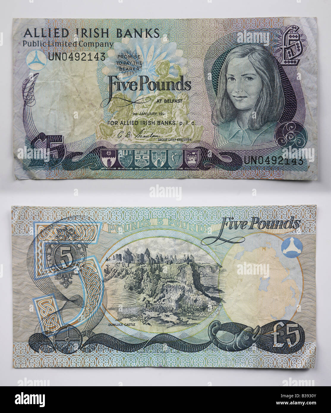 Northern Irish Sterling and United Kingdom 5 pound note Stock Photo