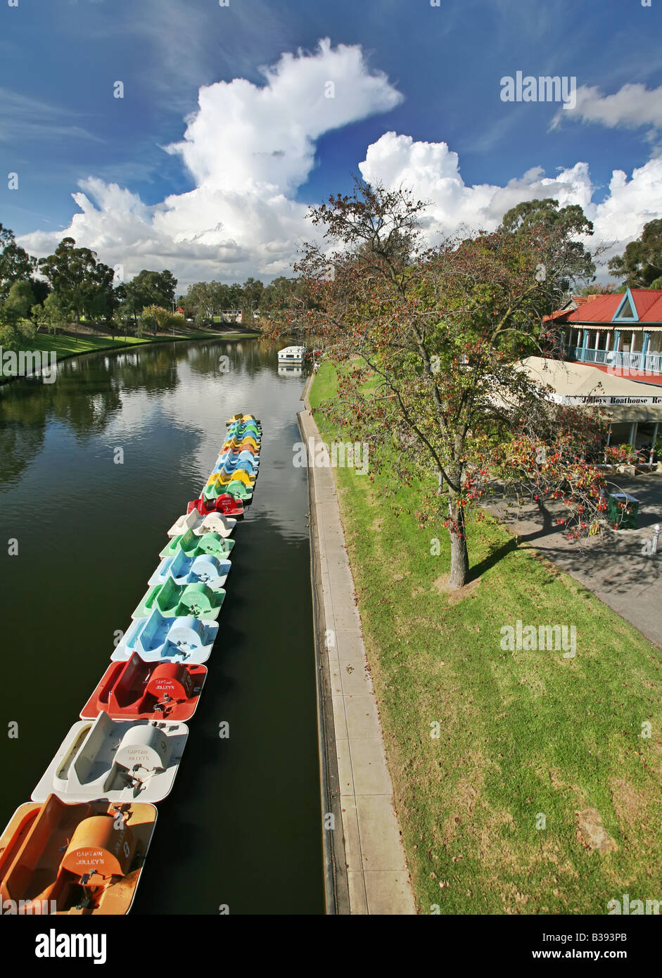 Paddleboats lined up along the River Torrens Adelaide South Australia on a sunny day Stock Photo