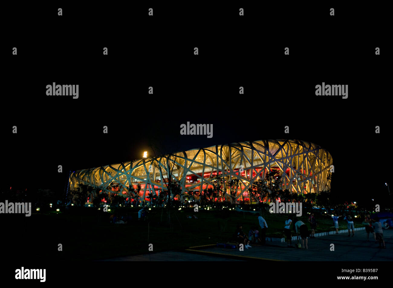 Beijing National Stadium, also know as Bird's Nest, illuminated at night during the Beijing 2008 Olympic Games, China Stock Photo
