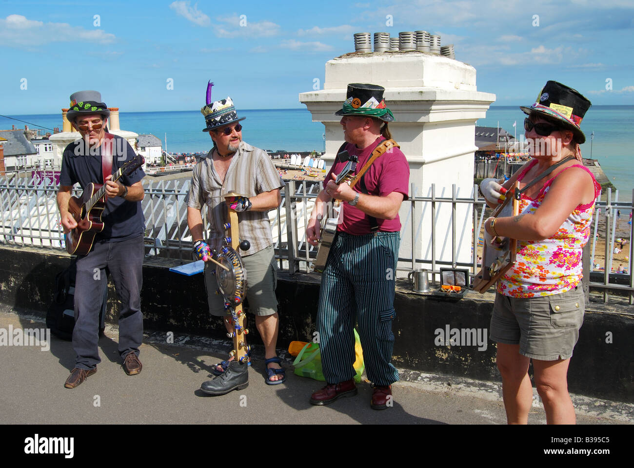 Busker band playing on promenade, Broadstairs, Kent, England, United Kingdom Stock Photo