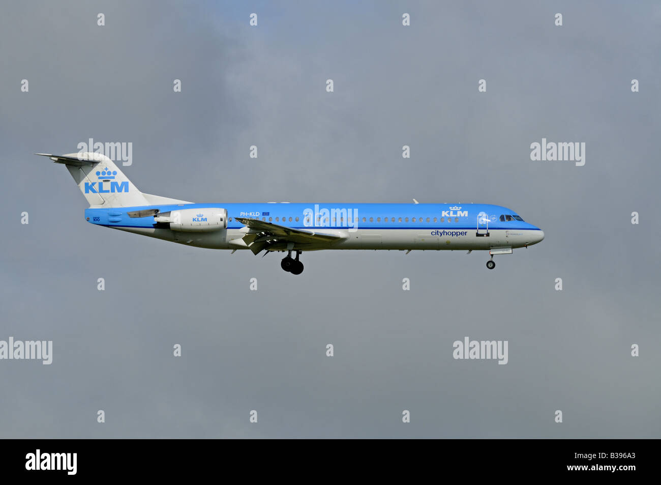 A KLM Fokker 100 CityHopper on final approach to Aberdeen Dyce Airfield Grampian Region North East Scotland Stock Photo