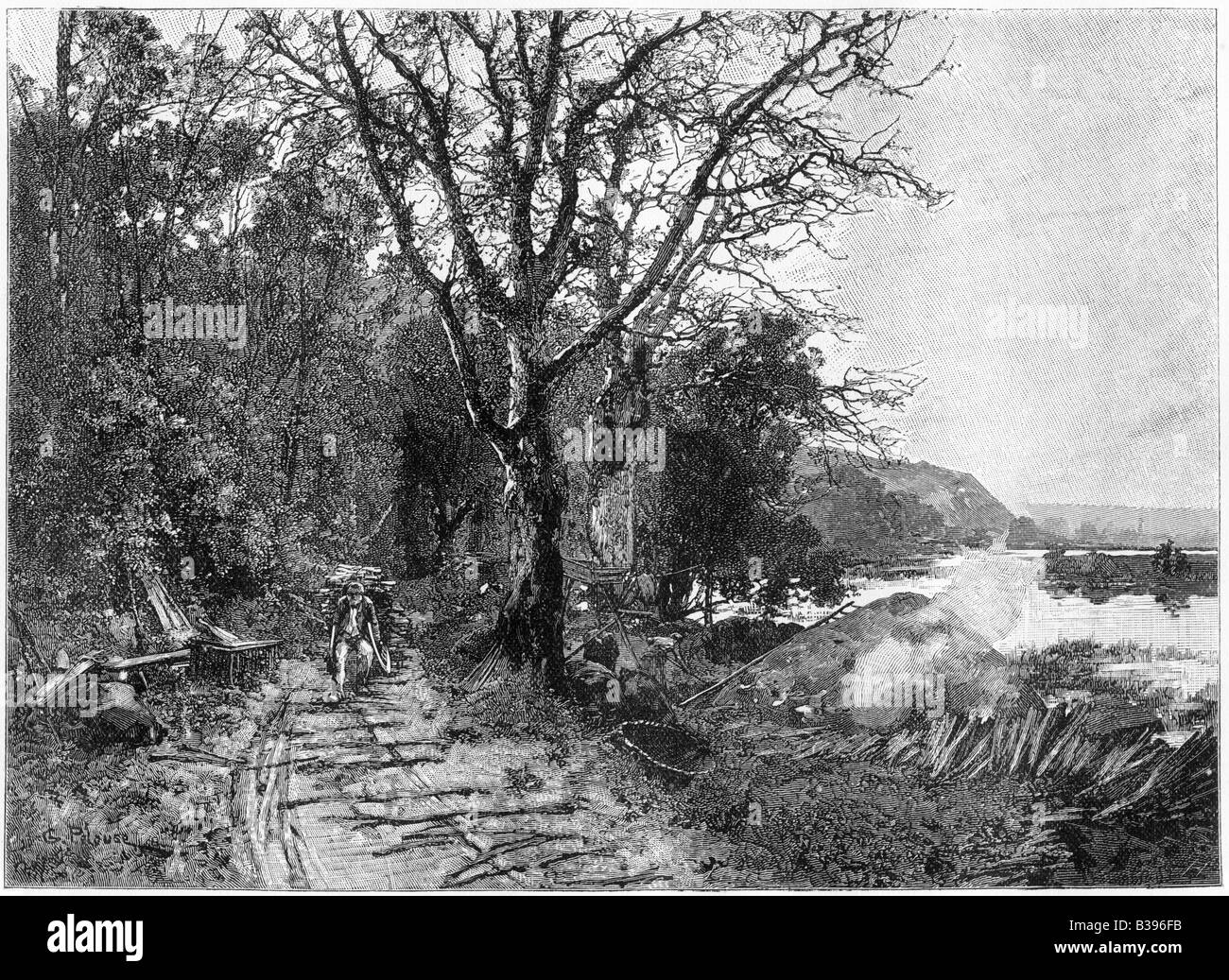 Charcoal Burners by the Banks of The River Doub Leon Germain Pelouse b1838 d1891 19th Century Engraving Stock Photo