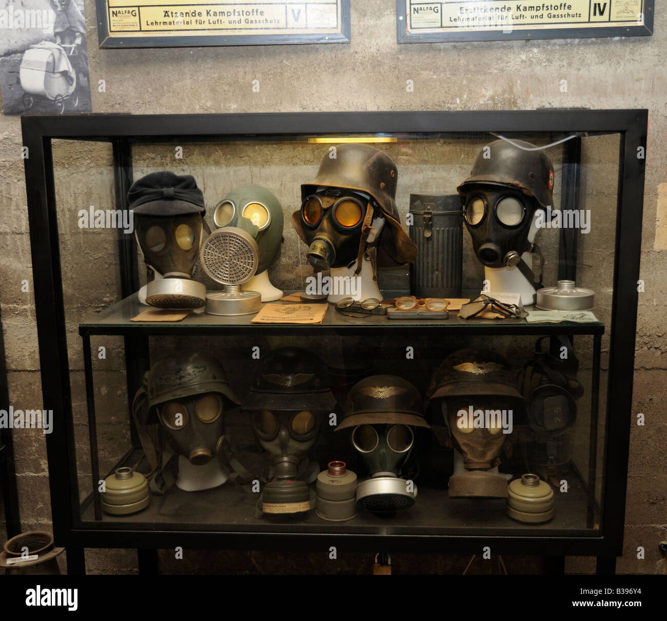 German World War Two helmets and gas masks, bunker, Berlin Stock Photo