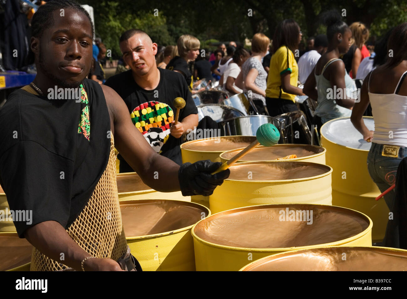 Panorama Caribbean themed cultural event including the Notting Hill Carnival steel pan band competition Stock Photo