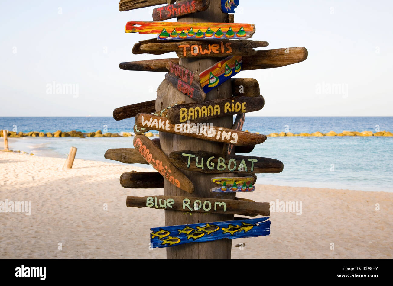 Signpost at Piscadera Bay beach Curacao Netherlands Antilles Caribbean Stock Photo