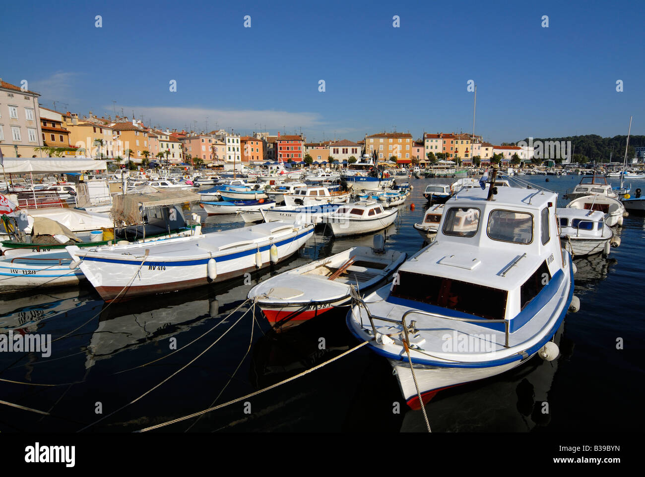 Boats Yachts in Harbour Marina in Center of Rovinj in Istria Croatia Stock Photo