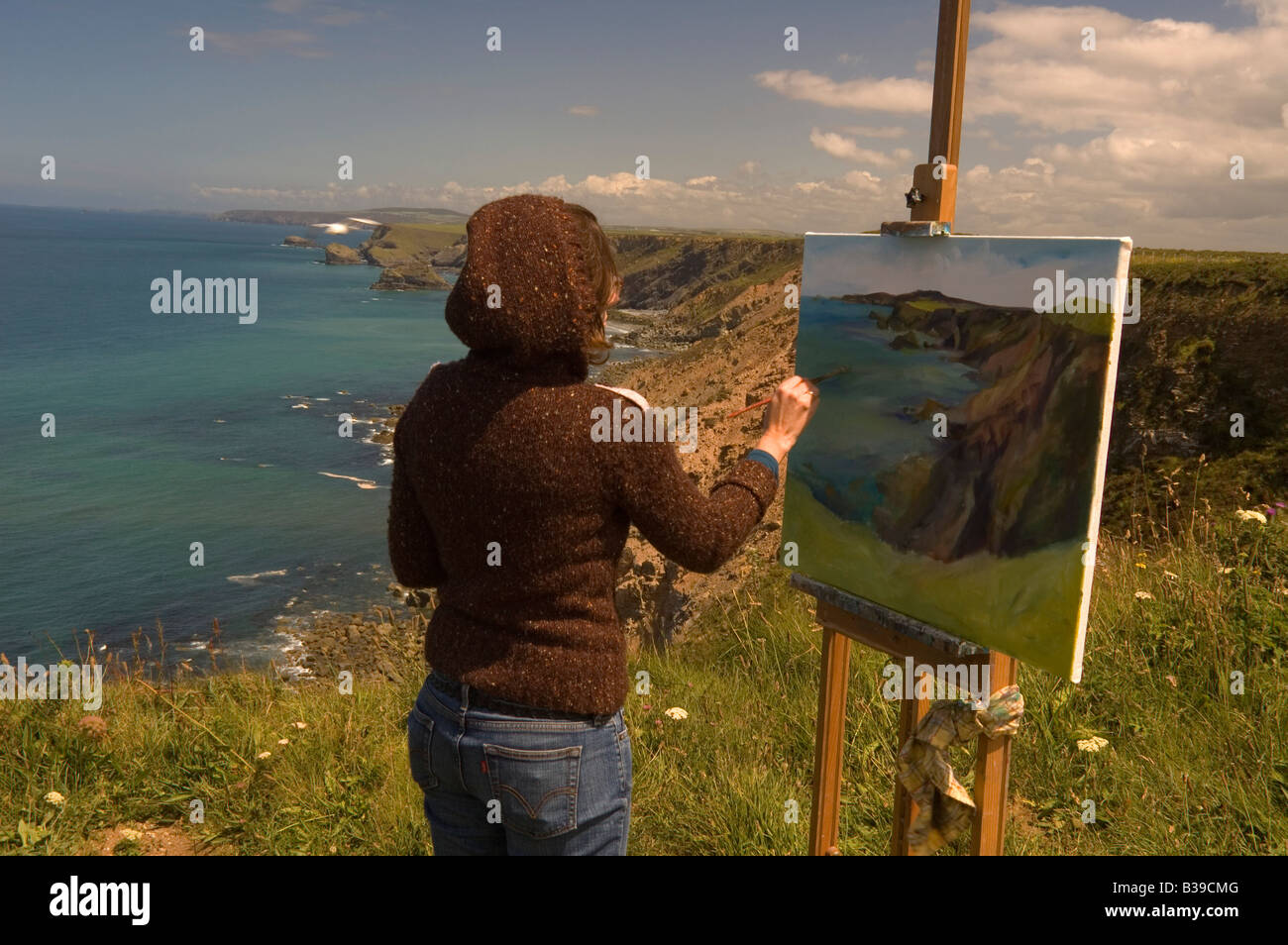 Artist painting the north cliffs cornwall hires stock photography and