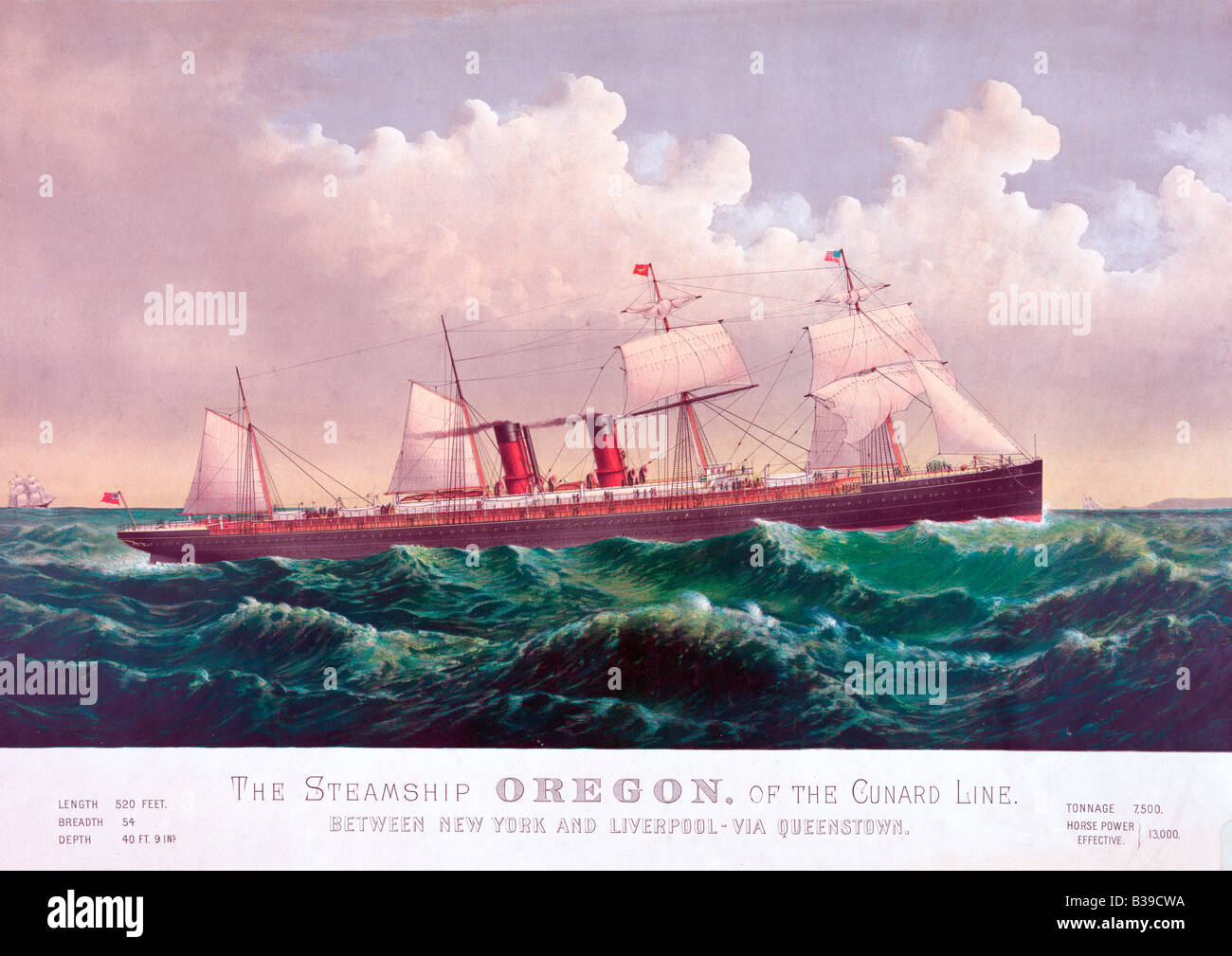 Print of the Steamship Oregon of the Cunard Line between New York and Liverpool Stock Photo