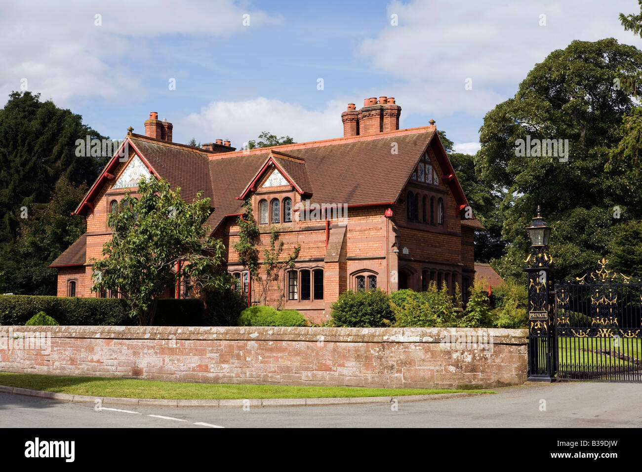 UK Cheshire Aldford Eaton Hall Estate Aldford Lodge Victorian gothic revival gatehouse 1877 Stock Photo