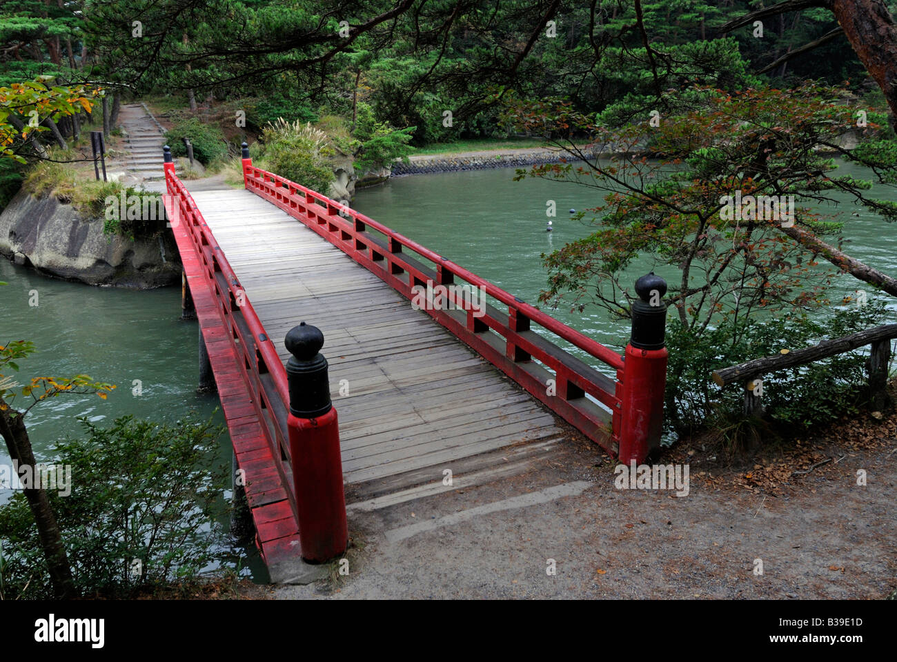 Red wooden bridge crossing to Oshima island Matsushima Bay Japan Stock ...