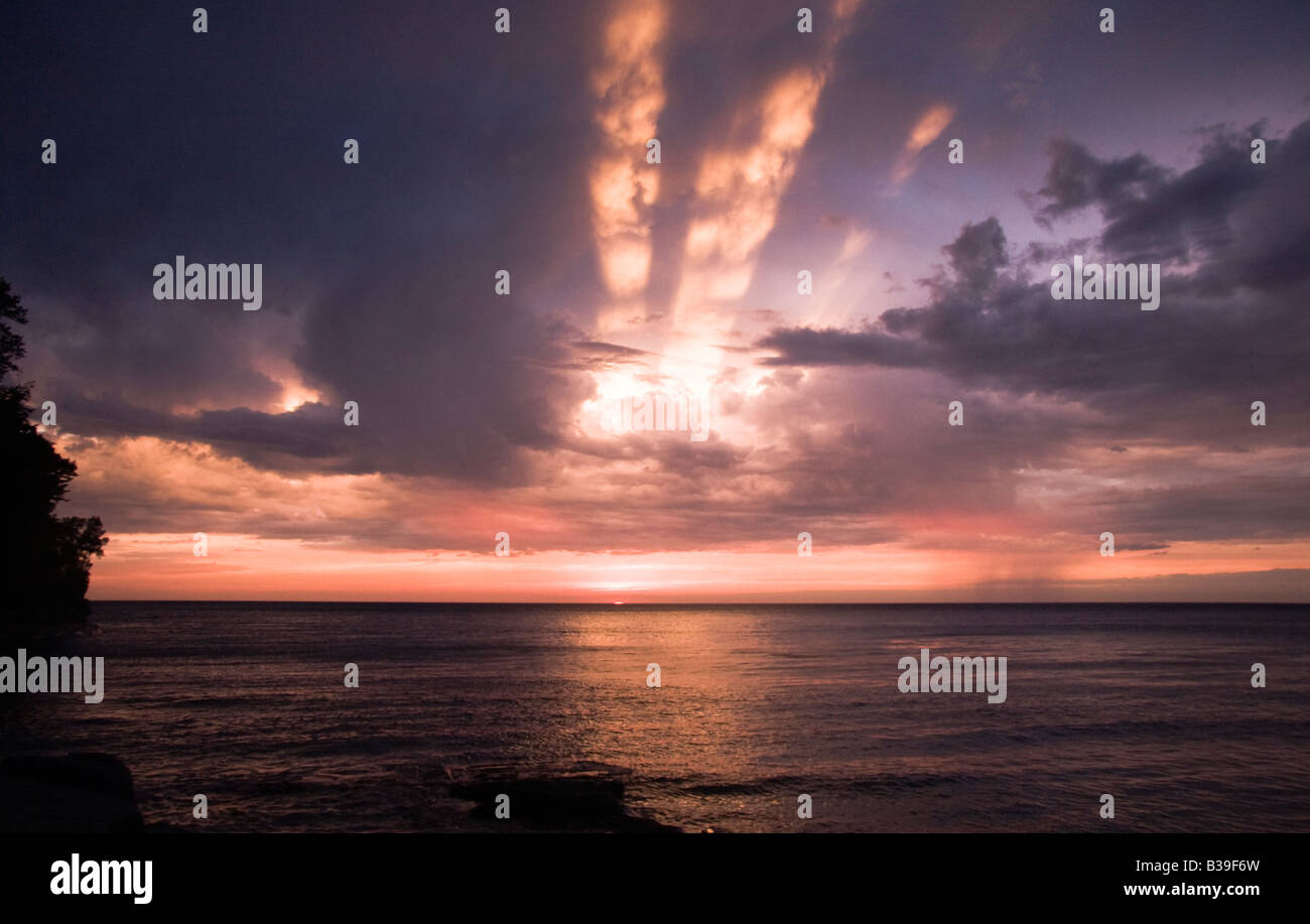Dramatic sunset over lake Superior Upper Peninsula of Michigan Stock