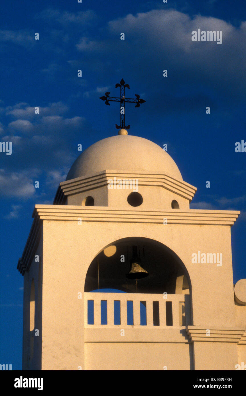 Bell tower of church in Flores, an island town in Lake Petén Itzá,  El Petén, Guatemala Stock Photo