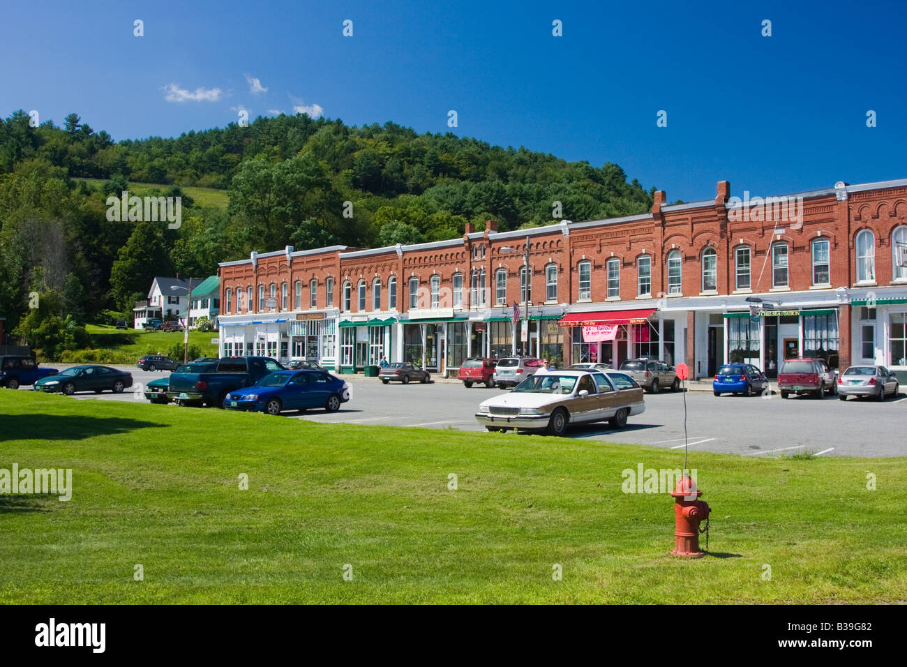 Town Green and Downtown Storefronts, South Royalton, Vermont Stock
