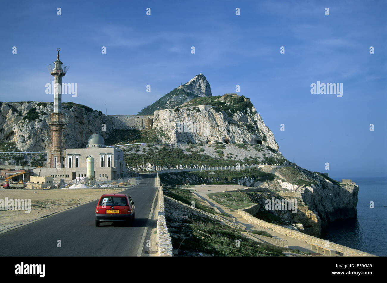 Mosque under construction at Europa Point at Gibraltar Mt Misery in distance Stock Photo