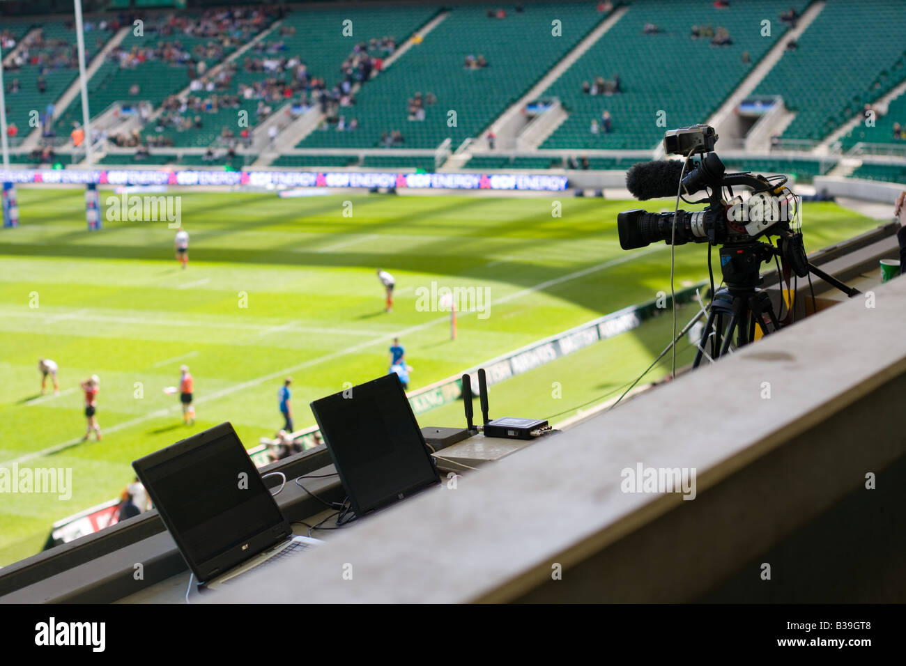 TV and commentary position in Twickenham stadium Stock Photo