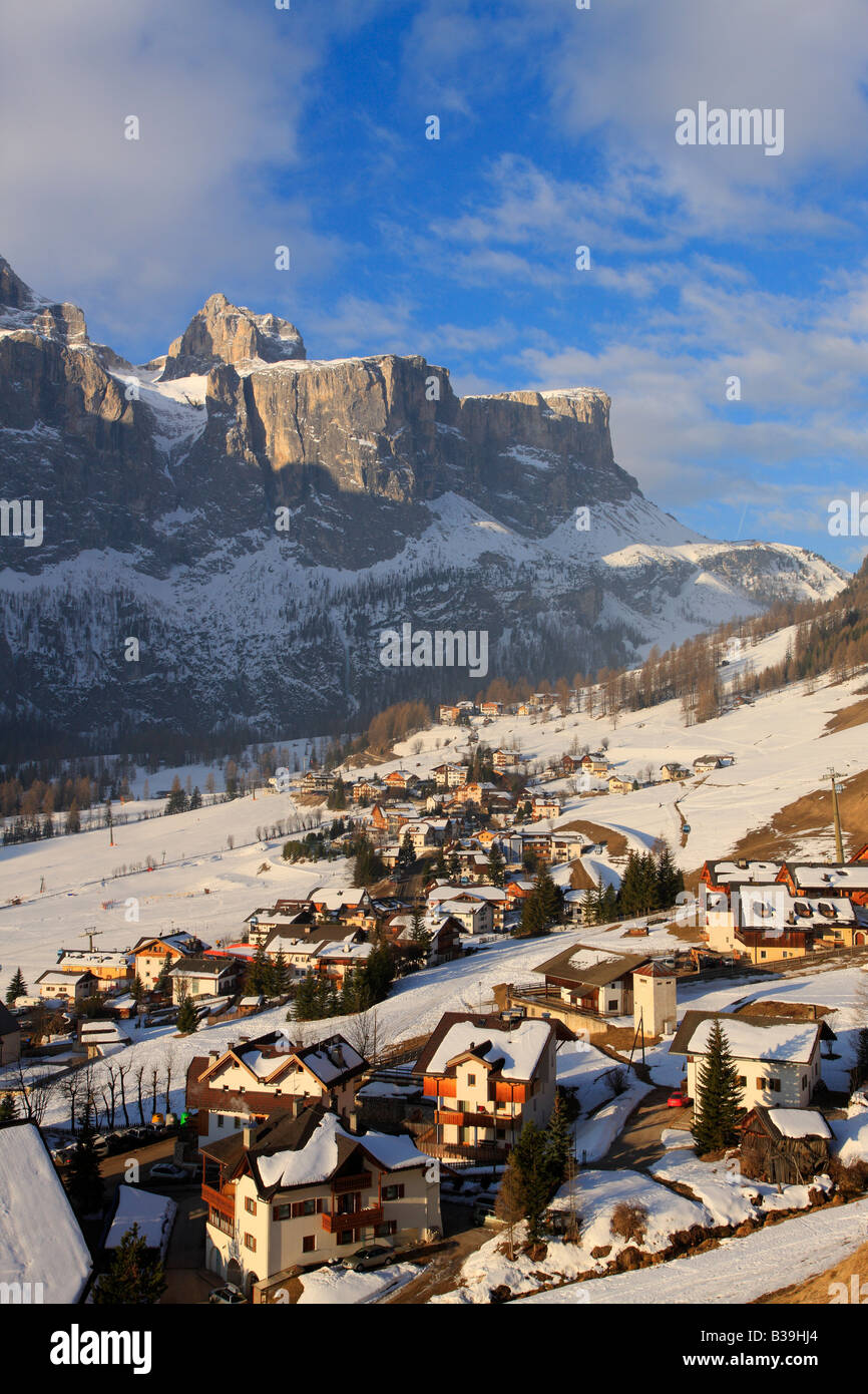 Sunrise in the ski resort of Colfosco, Alta Badia Region, Italian Dolomites, Italy Stock Photo