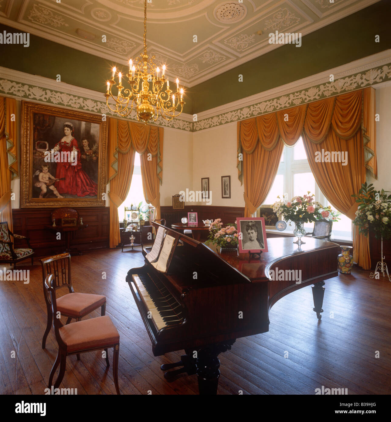 Grand piano in the music room Craig y nos Castle Abercraf Brecon Beacons Stock Photo