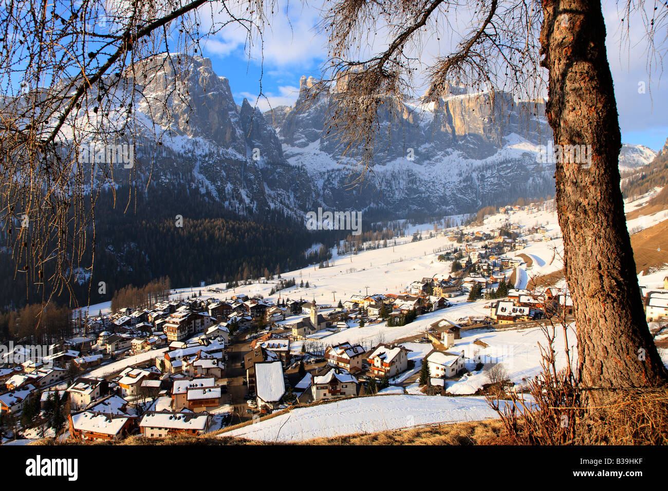 Early morning in the ski resort of Colfosco, Alta Badia Region, Italian Dolomites, Italy Stock Photo