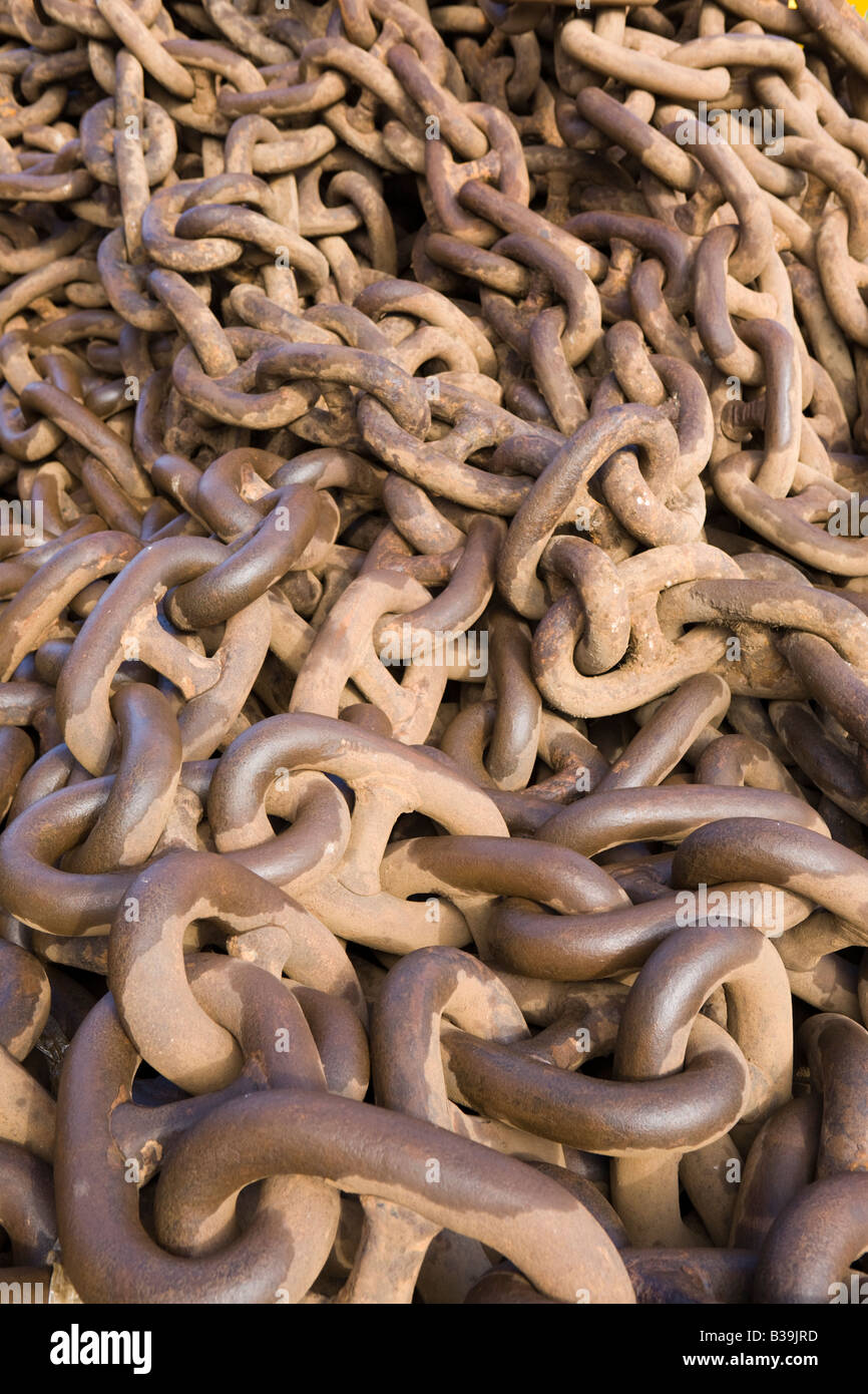 A pile of nautical chain on the dockside in Aberdeen Harbour, Aberdeenshire, Scotland Stock Photo