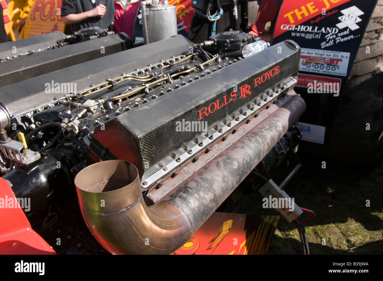 Modified tractor puller pulling rolls Royce griffin plane engine Stock
