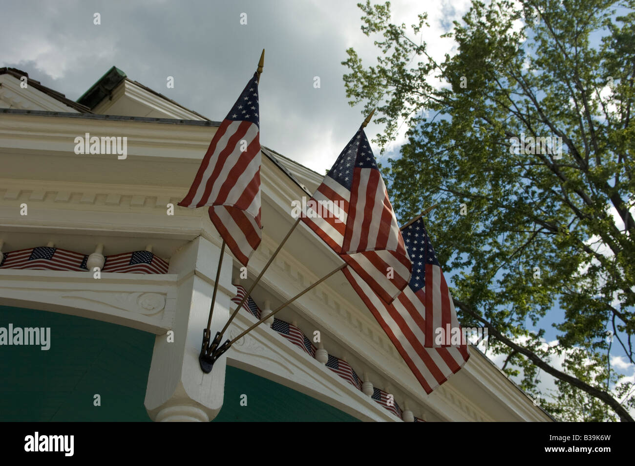 American flags at the Wright Family Home at Greenfield Village in Dearborn Michigan USA Stock Photo