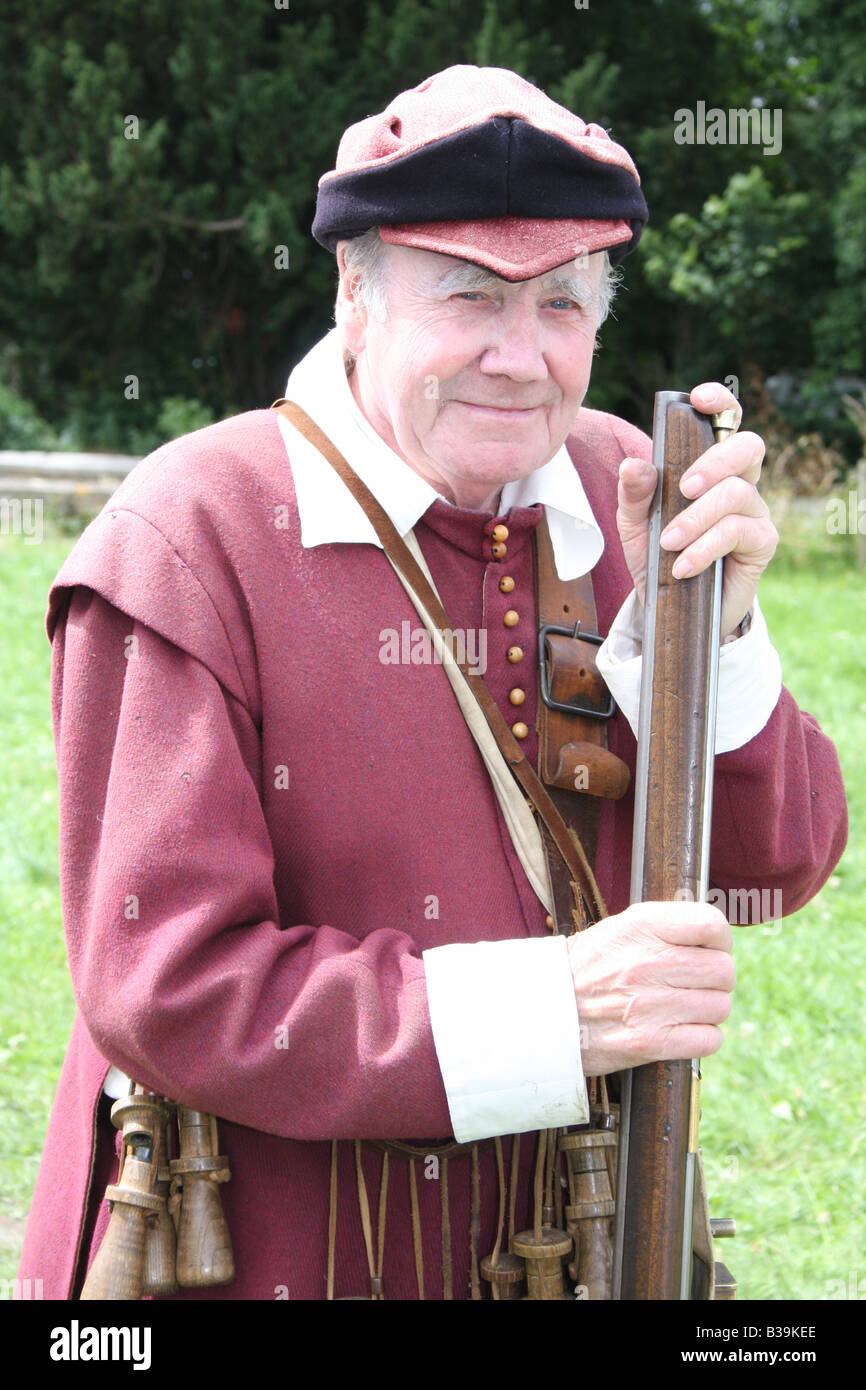 An old Musketeer at the re enactment of the battle of Faringdon in the English Civil war. Stock Photo