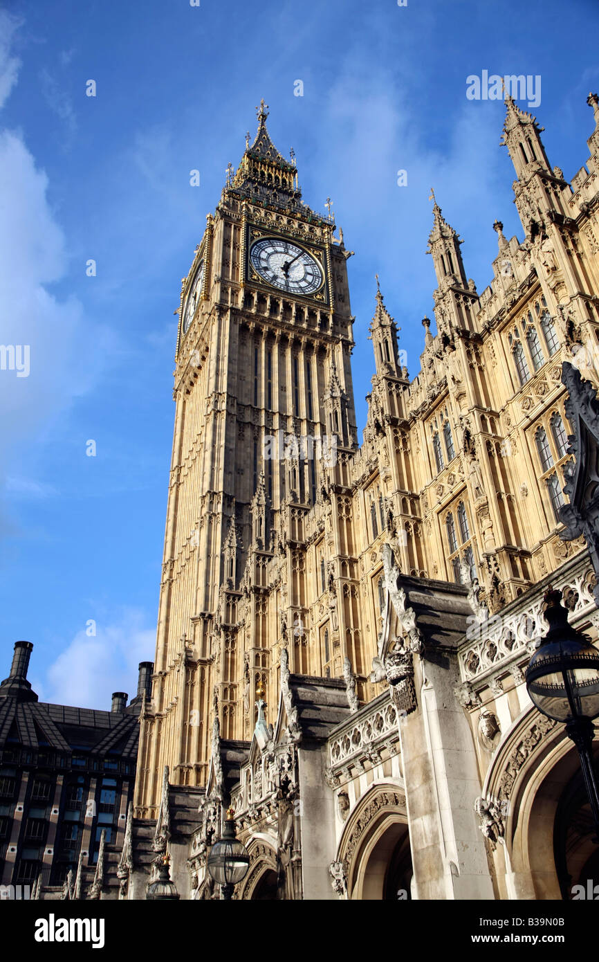 Big Ben and Houses of Parliament from inside perimeter fence, London, UK Stock Photo