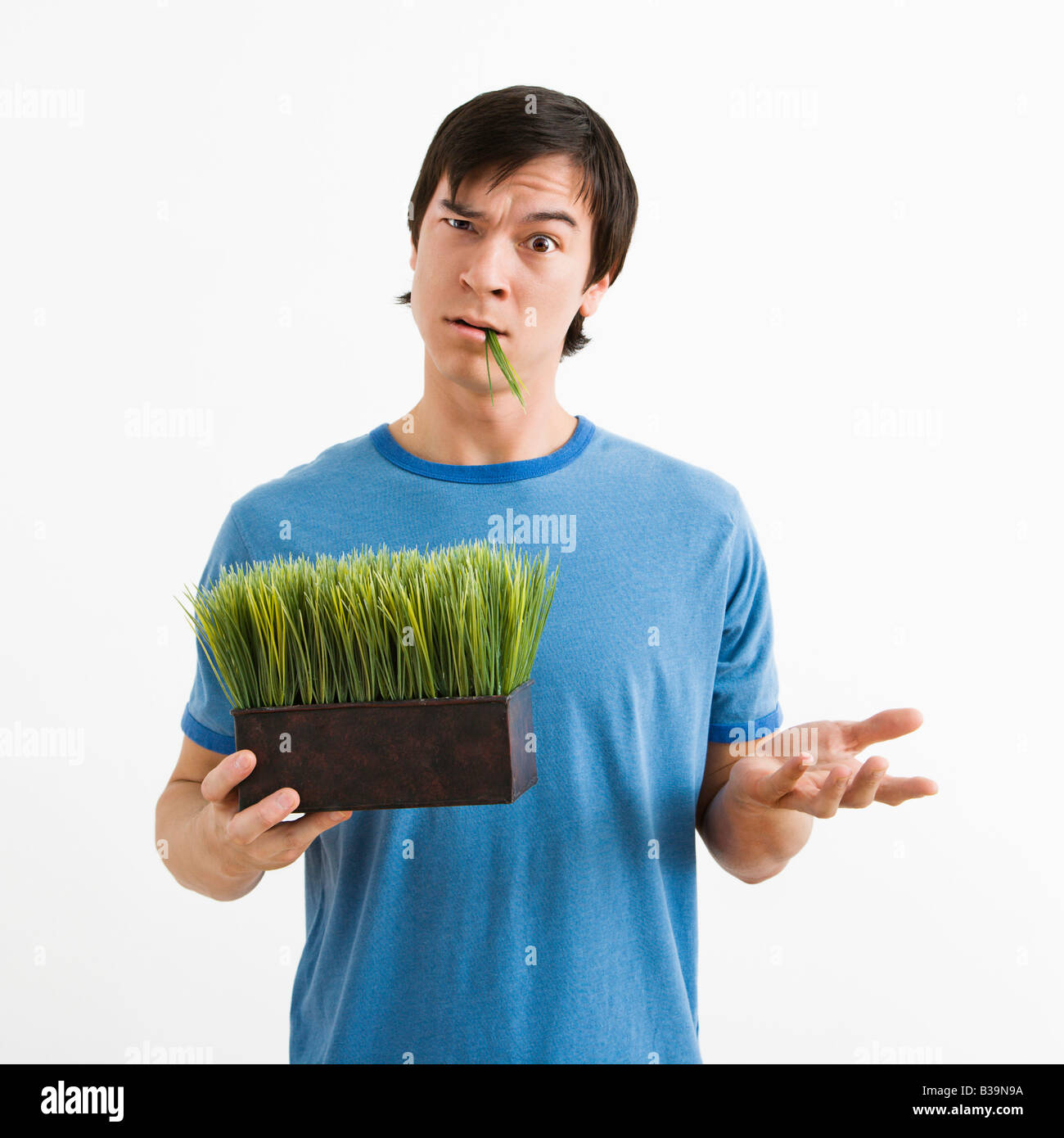 Portrait of Asian young man standing holding pot of grass Stock Photo