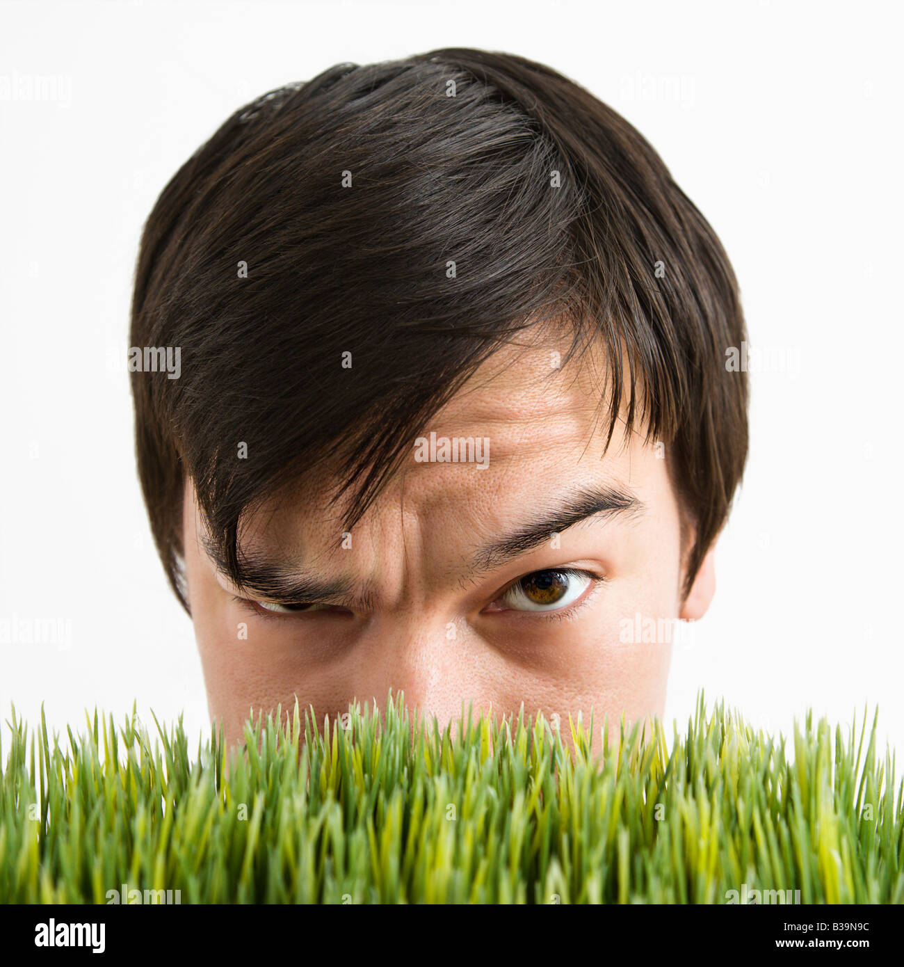 Asian young man looking over grass with eyebrow cocked Stock Photo